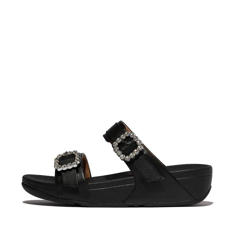 FitFlop Lulu Crystal Buckle Leather Slide Sandals - All Black