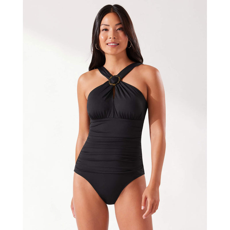 Tommy Bahama Sun Cat Off The Shoulder High Neck One Piece Swimsuit - Black*