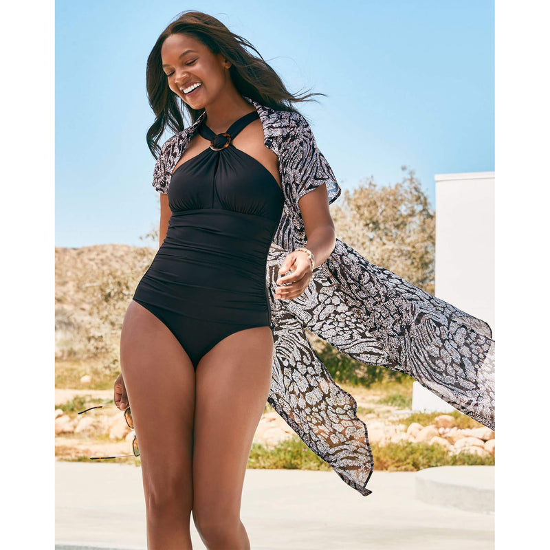 Tommy Bahama Sun Cat Off The Shoulder High Neck One Piece Swimsuit - Black*