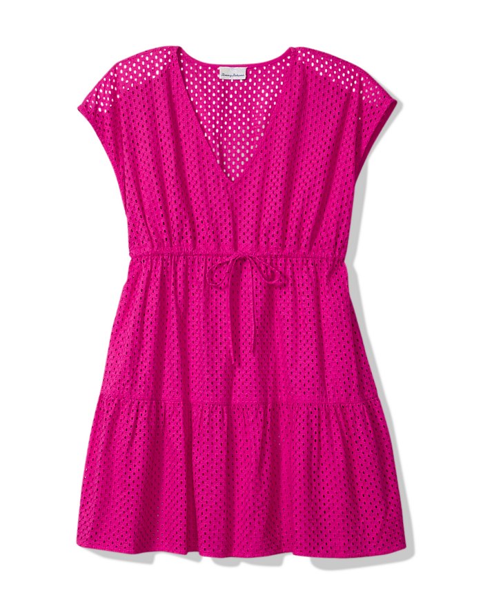 Tommy Bahama Eyelet Cove Vneck Short Dress Cover Up - Pink Maui *