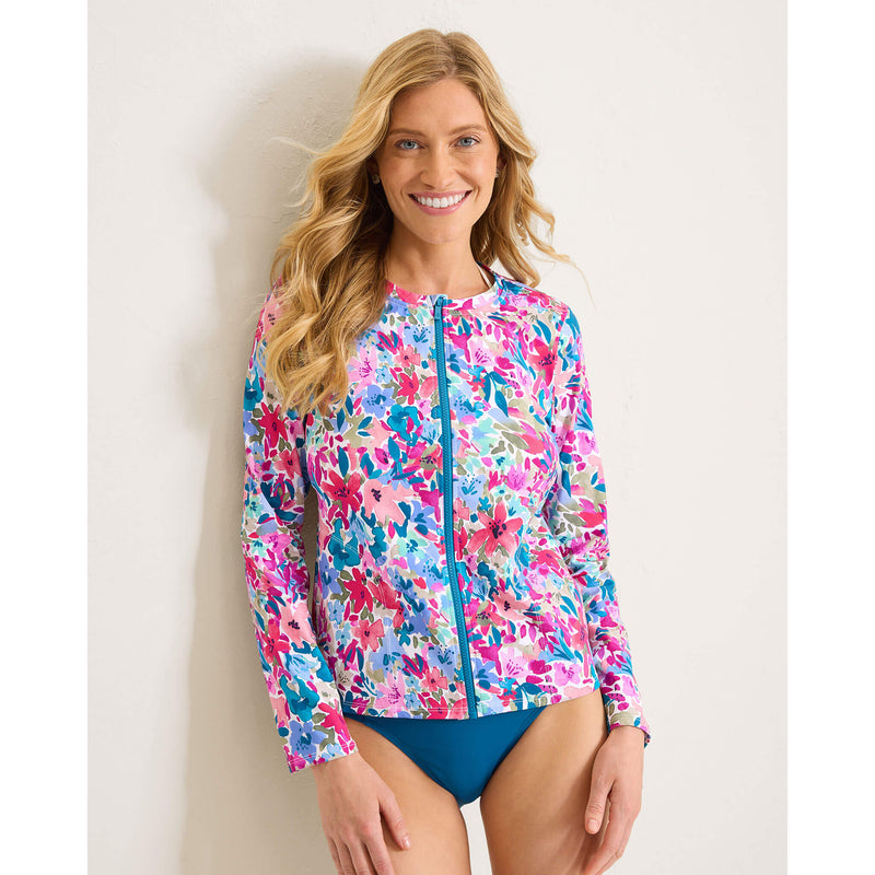 Tommy Bahama Watercolor Floral Front Zip Rashguard Cover Up - Dusty Lupine