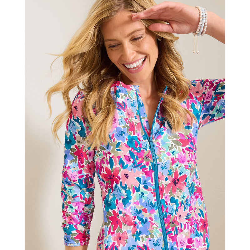 Tommy Bahama Watercolor Floral Front Zip Rashguard Cover Up - Dusty Lupine