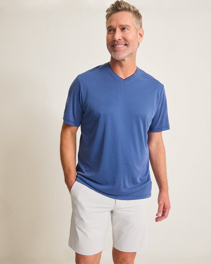 Tommy Bahama Men's IslandZone Bay Stripe V-Neck T-Shirt - Bering Blue