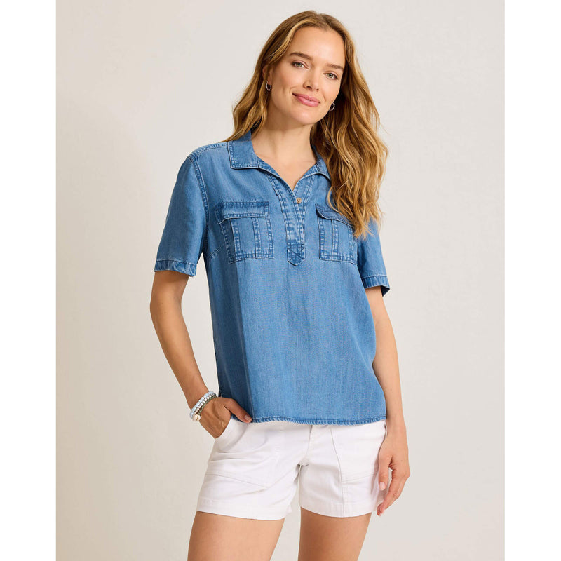 Tommy Bahama Women's Chambray O'Lei Utility Popover Top - Medium Indigo Wash