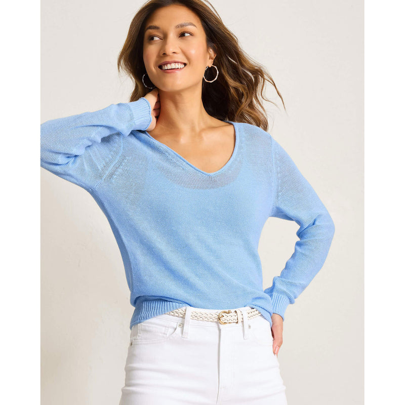 Tommy Bahama Women's Cedar Linen Long Sleeve V-Neck Linen Sweater - Chambray Blue
