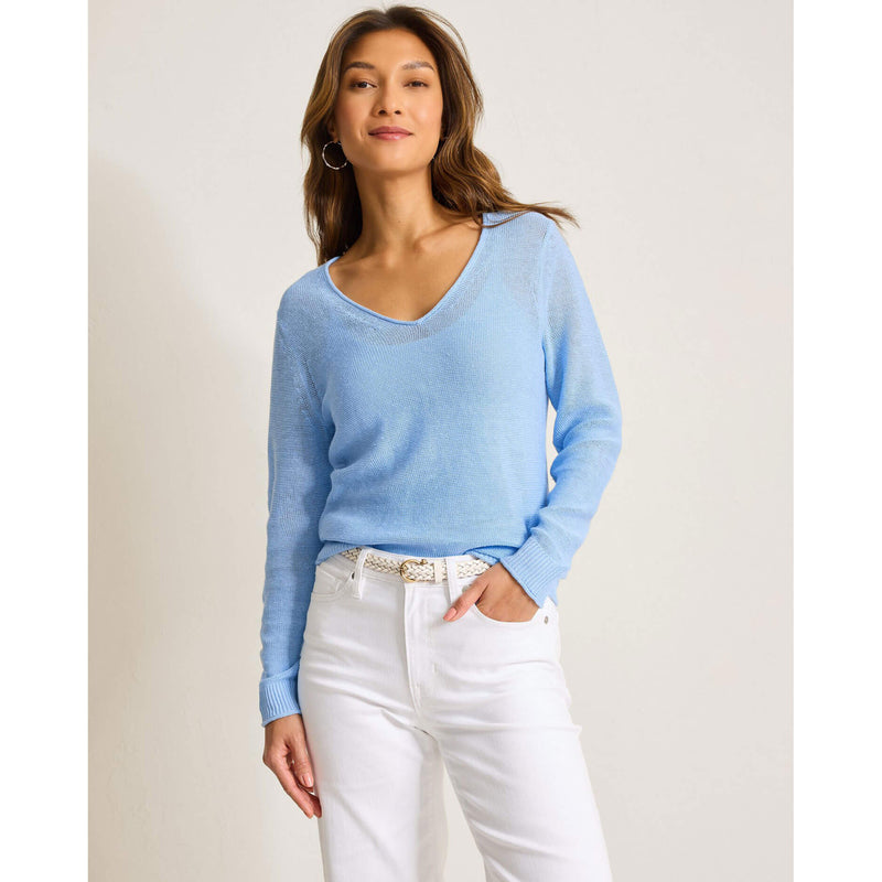 Tommy Bahama Women's Cedar Linen Long Sleeve V-Neck Linen Sweater - Chambray Blue