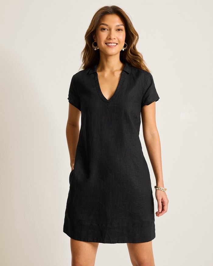 Tommy Bahama Women's Two Palms Short Sleeve Collared Linen Dress - Black