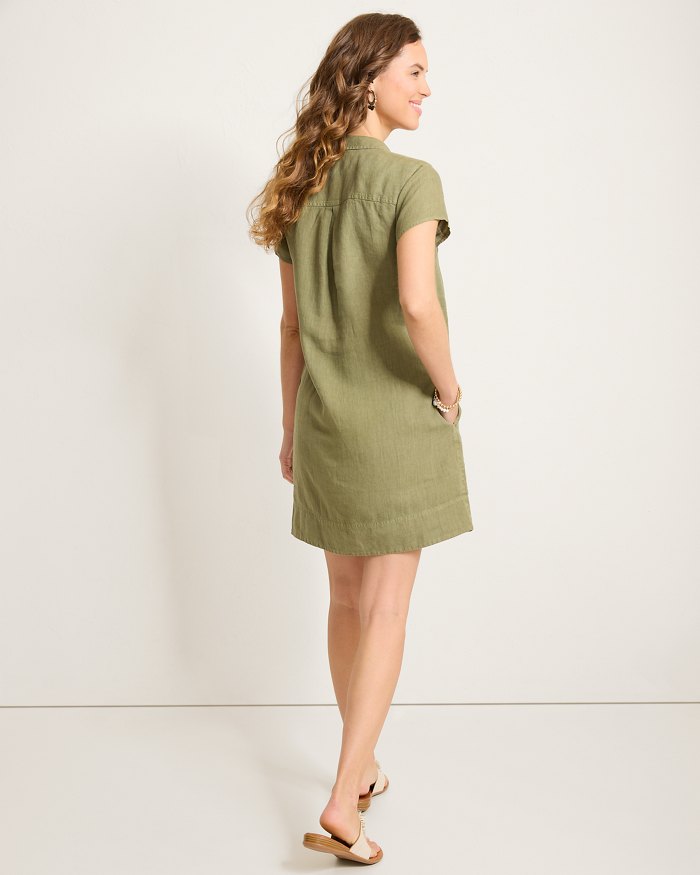 Tommy Bahama Women's Two Palms Ss Collared Linen Dress - Dark Fern