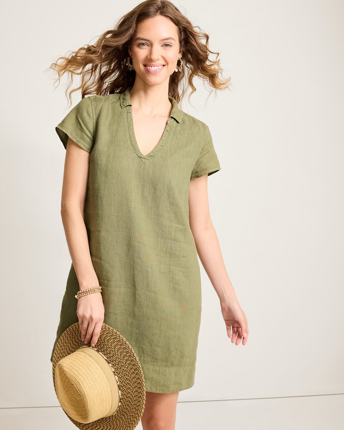 Tommy Bahama Women's Two Palms Ss Collared Linen Dress - Dark Fern