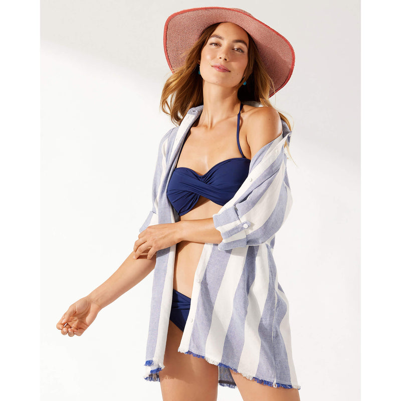Tommy Bahama Rugby Beach Stripe Boyfriend Shirt Dress Coverup - White