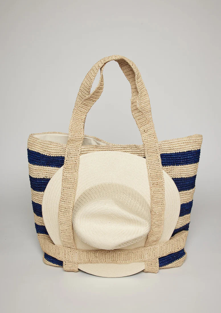 Hat Attack The Original Straw Traveler Bag - Natural/Navy Stripe