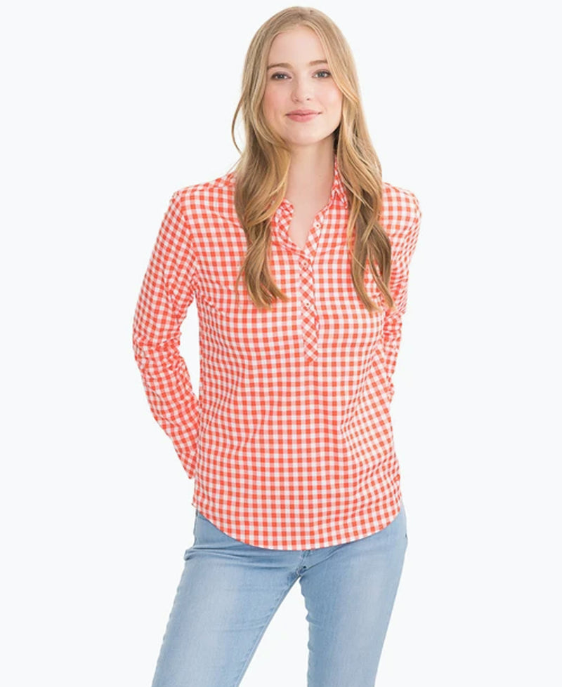 Southern Tide Womens Hadley InterCoastal Gameday Gingham Long Sleeve Popover Top - Endzone Orange*