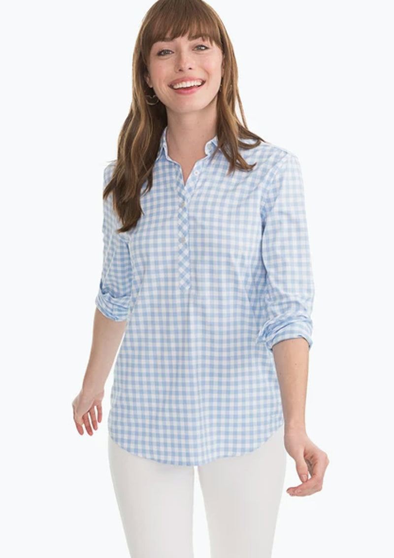 Southern Tide Womens Hadley InterCoastal Gameday Gingham Long Sleeve Popover Top - Tide Blue*