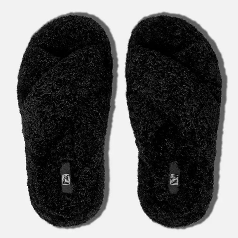FitFlop iQushion D-Luxe Teddy Cross Slides - All Black
