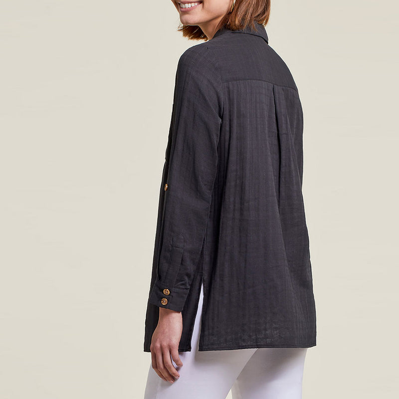 Tribal Rolled Long Sleeve Tunic With High Slits - Black