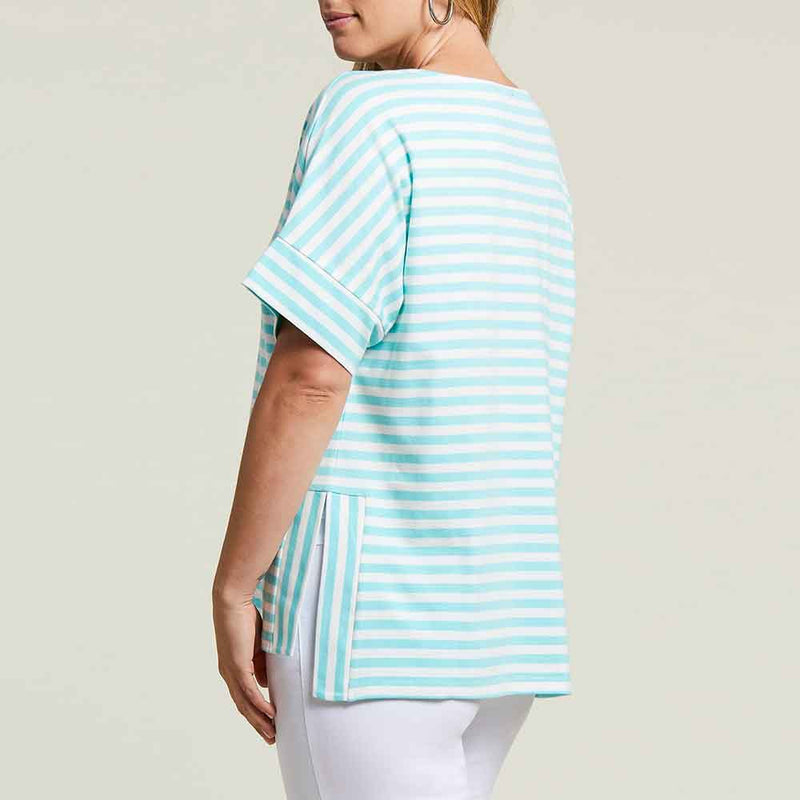 Tribal Short Sleeve Boat Neck Top With Side Slits - Jade