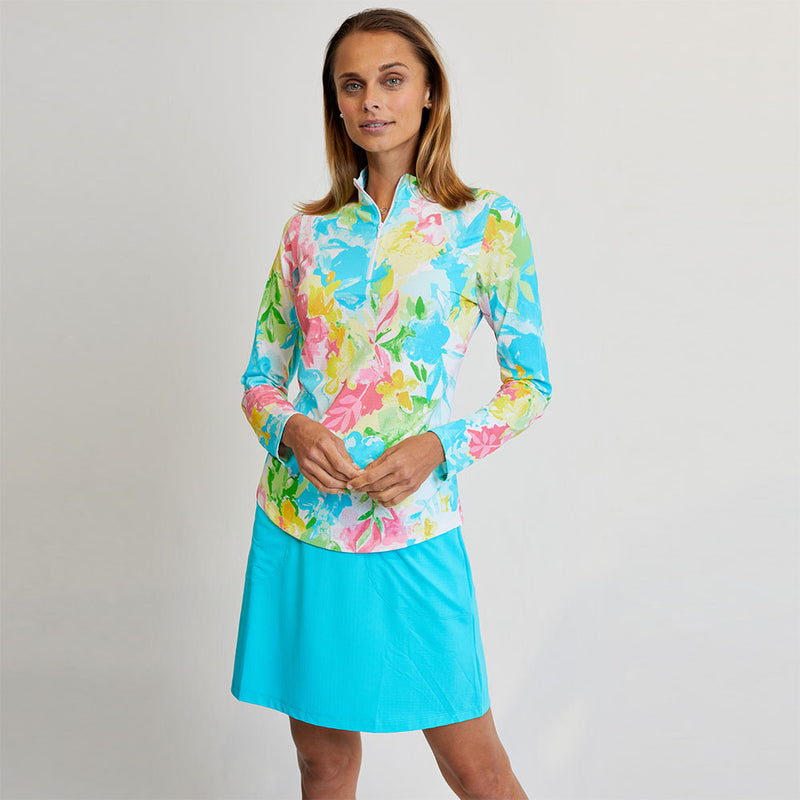 G Lifestyle Long Sleeve Zip Mock Neck Top - Monet Bright/Multi