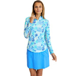 G Lifestyle Long Sleeve Zip Mock Neck Top - Coral Reef Aqua/Tonal