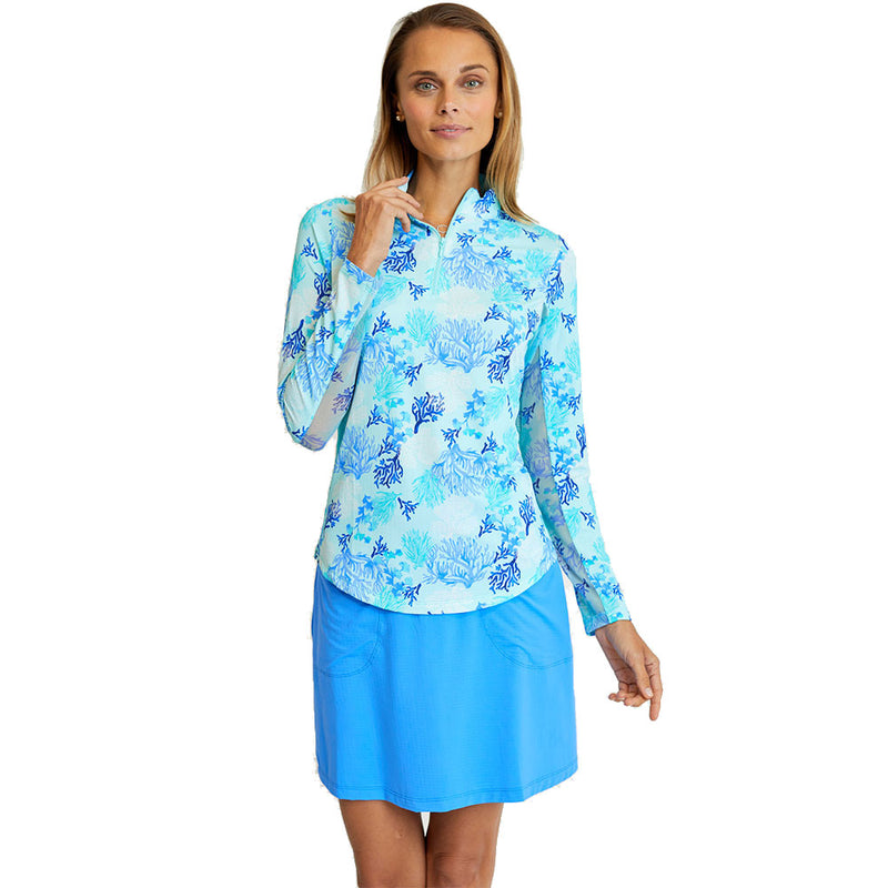 G Lifestyle Long Sleeve Zip Mock Neck Top - Coral Reef Aqua/Tonal