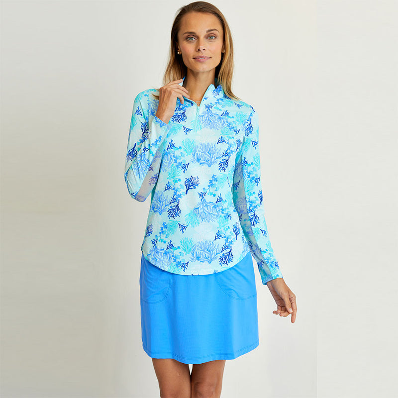 G Lifestyle Long Sleeve Zip Mock Neck Top - Coral Reef Aqua/Tonal