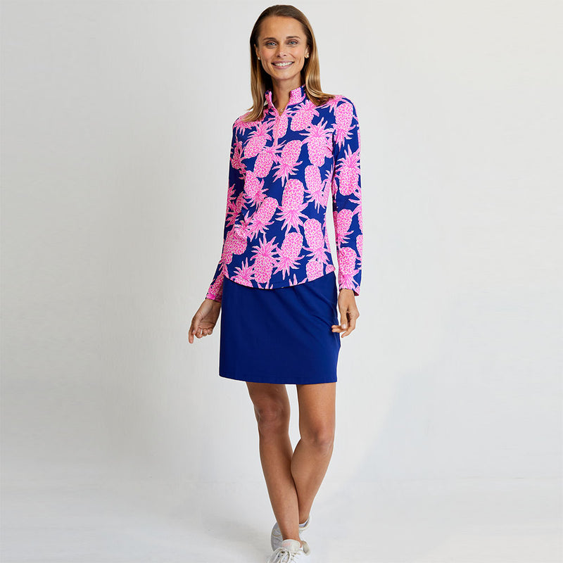 G Lifestyle Long Sleeve Zip Mock Neck Top - Pineapple Grove Navy/Pink