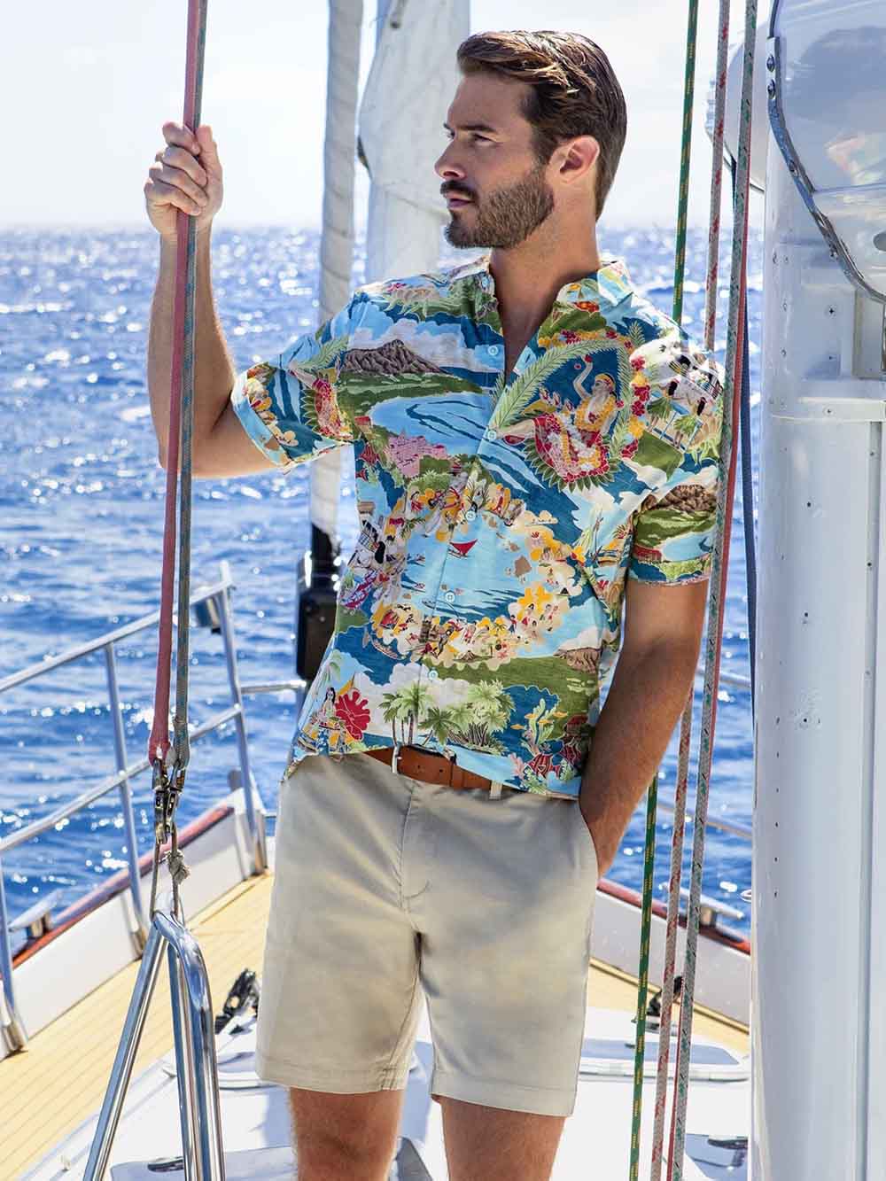 Tori Richard Boat Day Aloha Cotton Lawn Camp Shirt in Lagoon