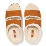 FitFlop Shuv Two-Bar Shearling-Lined Suede Slide Sandals - Light Tan