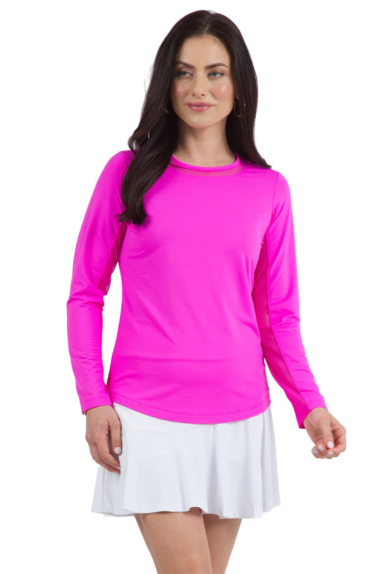 Ibkul Womens Long Sleeve Crew Solid Top - Hot Pink