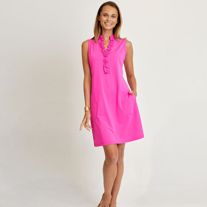 G Lifestyle Sleeveless Double Ruffle Dress - Hot Pink