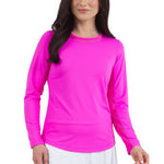 Ibkul Womens Long Sleeve Crew Solid Top - Hot Pink