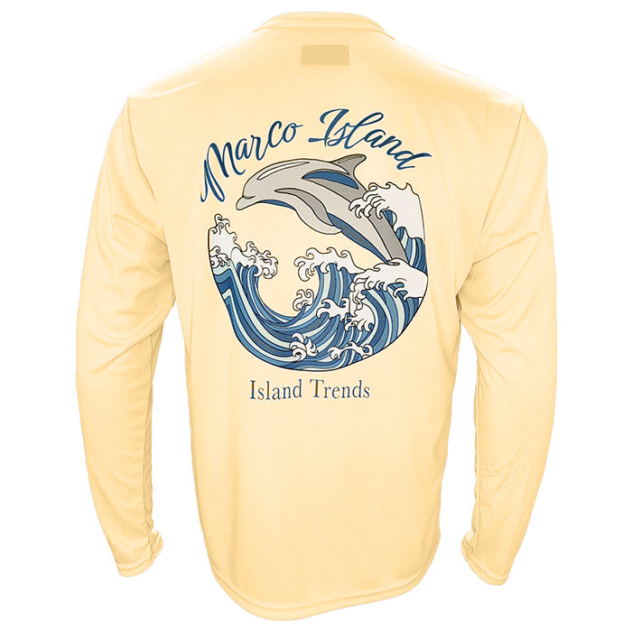Island Trends Marco Island Dolphin Wave Long Sleeve Performance T-Shirt - Light Yellow