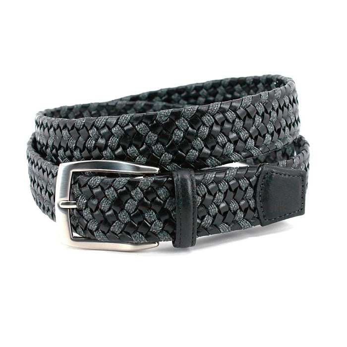 Torino Italian Braided Leather & Linen Elastic Belt - Black/Grey*
